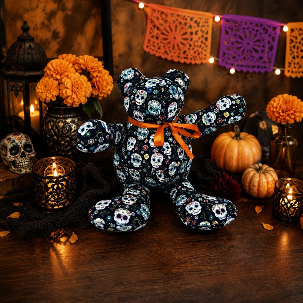 Handmade Sugar Skull Teddy Bear Plush Halloween Dia De Los Muertos 20” Spooky
